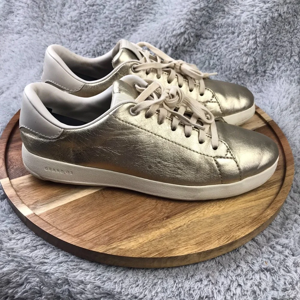 Cole Haan Grand Pro Tennis Shoe Womens 9B Metallic Gold Leather Lace Up Sneakers
